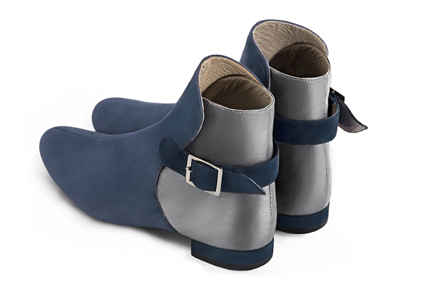 Denim blue and mouse grey women's ankle boots with buckles at the back. Round toe. Flat block heels. Rear view - Florence KOOIJMAN